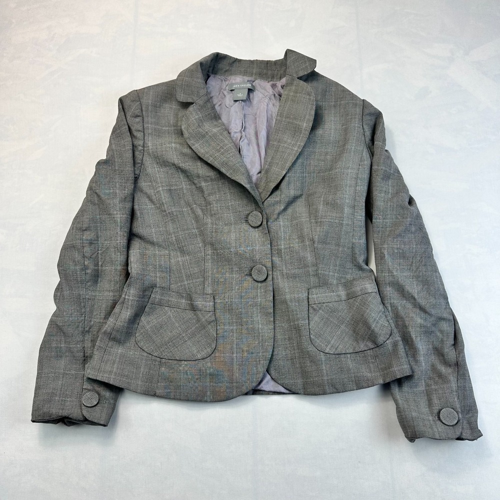 Ann Taylor Blazer Jacket Womens 6 Gray Plaid Single-Breasted Office Wear Formal